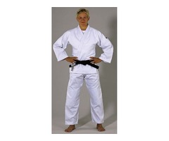 A single weave, medium weight, bleached white Judo uniform of exceptional quality and value.